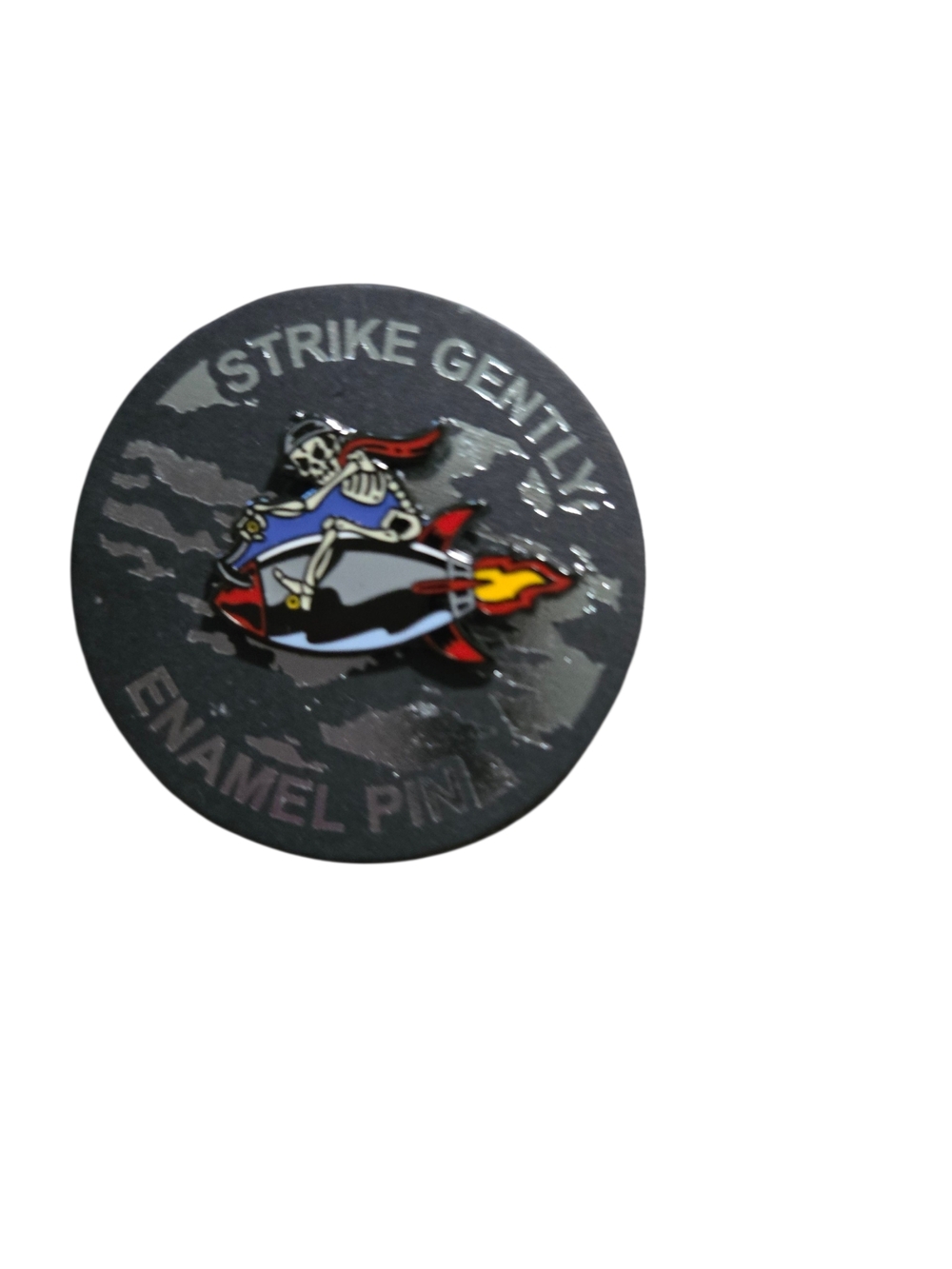 Skeleton Riding Rocket Enamel Pin - Strike Gently